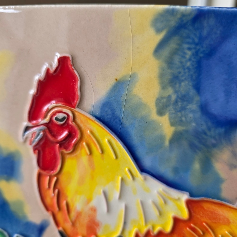Benaya Art Decor Ping Signed Rooster Ceramic Art Tile 8x8 Raised Tube Lined - Picture 10 of 16